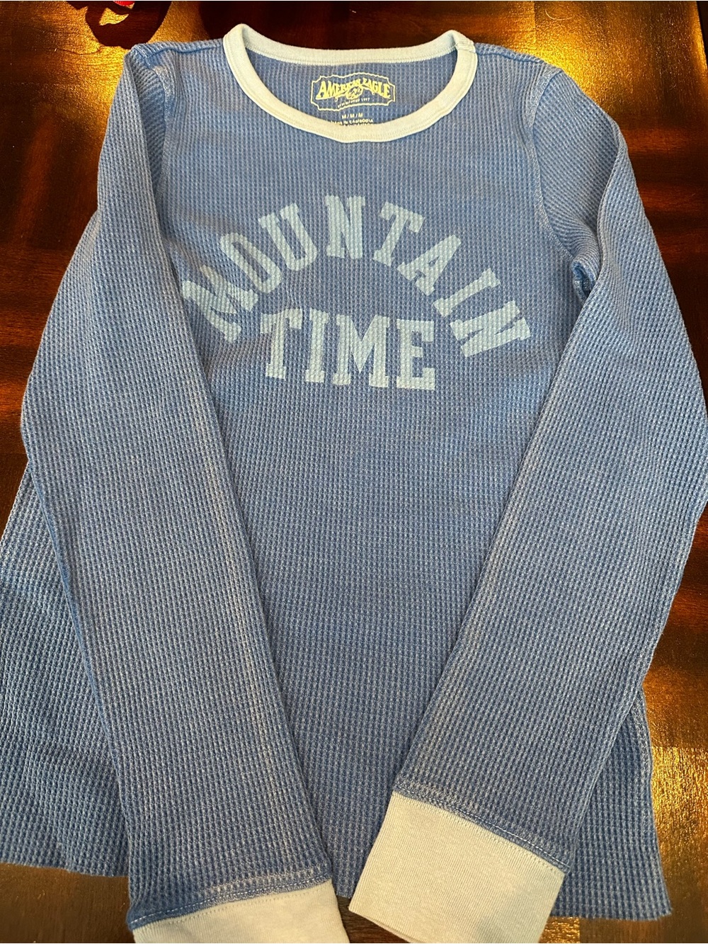 American Eagle Outfitters Light Blue Crewneck 'Mountain Time' Thermal Sweater